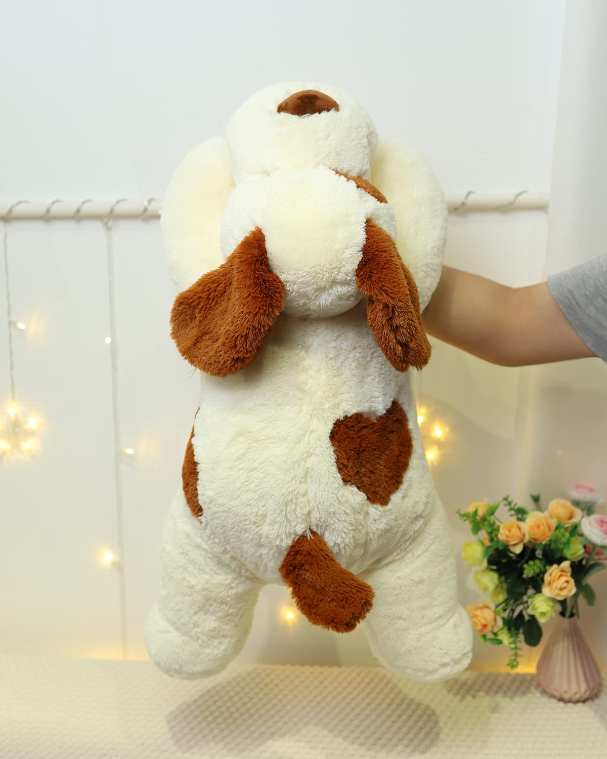YESGIRL weighted dog plush close-up shows vivid eyes and nose.