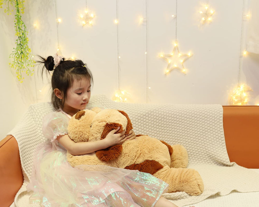 YESGIRL weighted dog plush shown in cozy room decor.