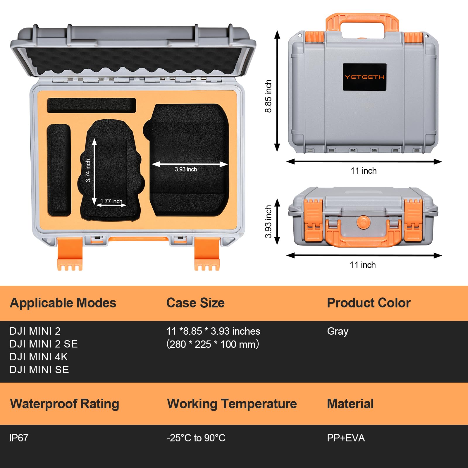 YETEETH DJI Mini 2 SE case features remote controller slot for secure transport.