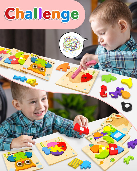Yetonamr wooden toddler puzzles animals support color recognition and storytelling adventures.