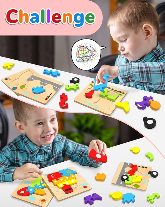 Yetonamr wooden toddler puzzle truck aids hand-eye coordination with chunky pieces.