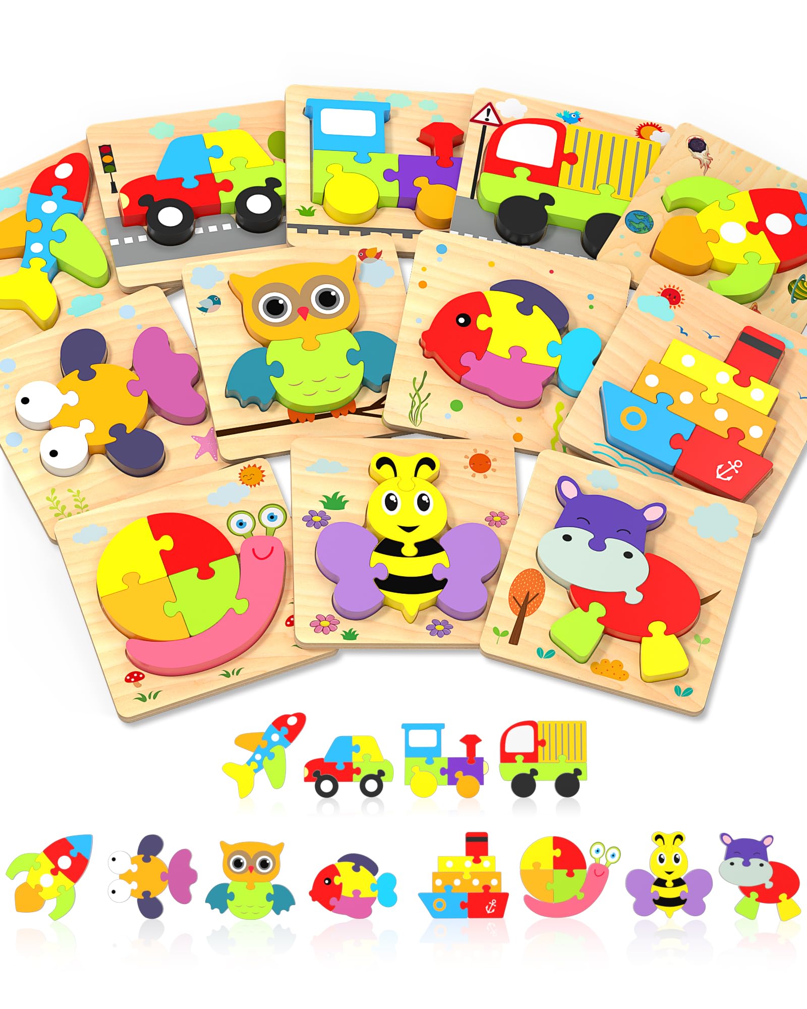 Yetonamr wooden toddler puzzles vehicles promote fine motor skills and imaginative play.