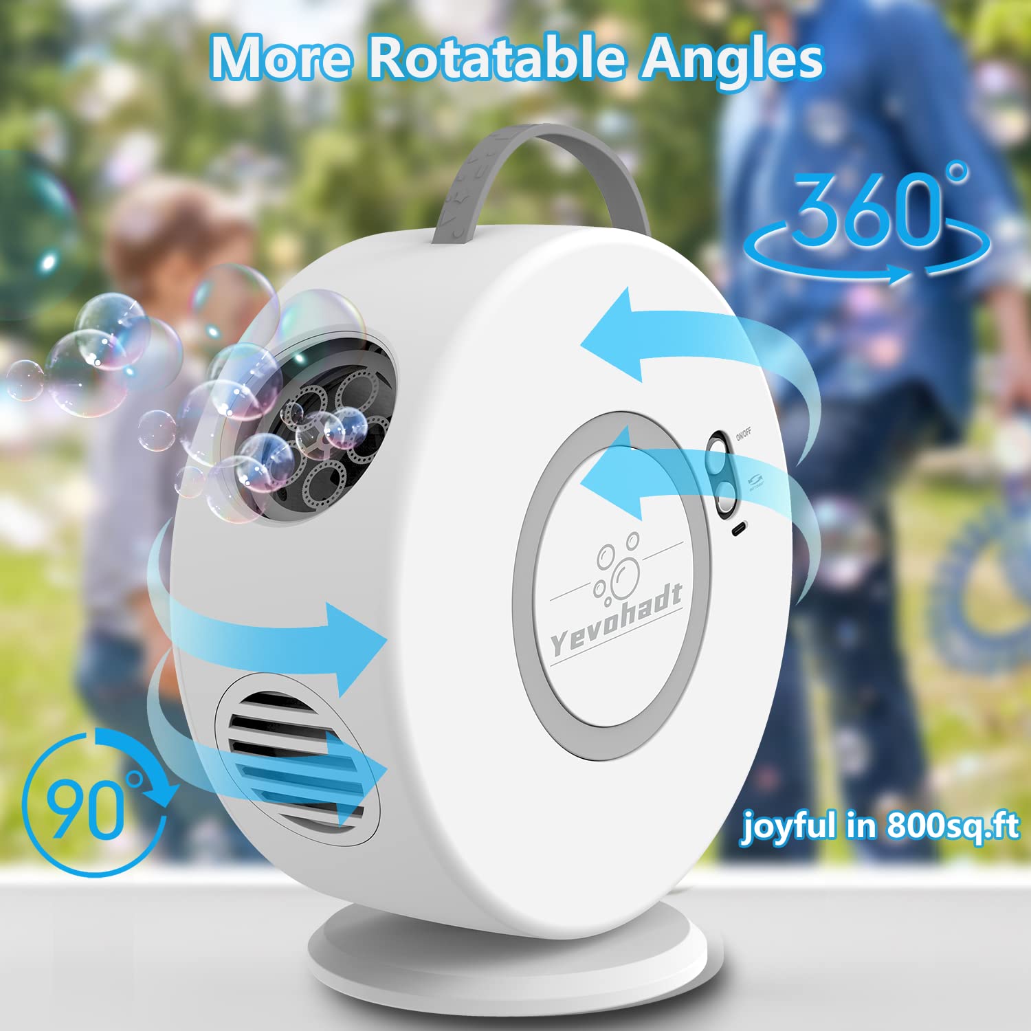 Yevohadt bubble machine in an outdoor party setup creating a magical atmosphere.