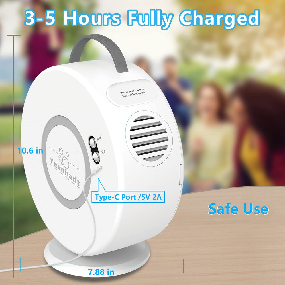 Yevohadt rechargeable bubble machine with long-lasting battery for hours of play.