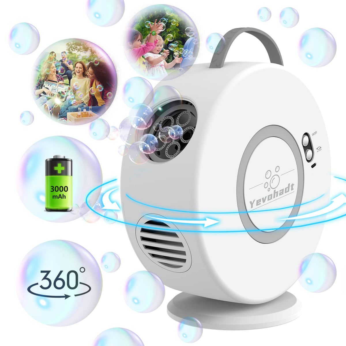 Yevohadt bubble machine demonstrates 90–360° rotation for immersive bubbles at a party.