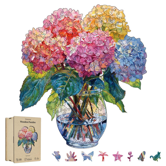 Yezavesu Hydrangea wooden puzzle pieces laid out for mindful weekend challenge
