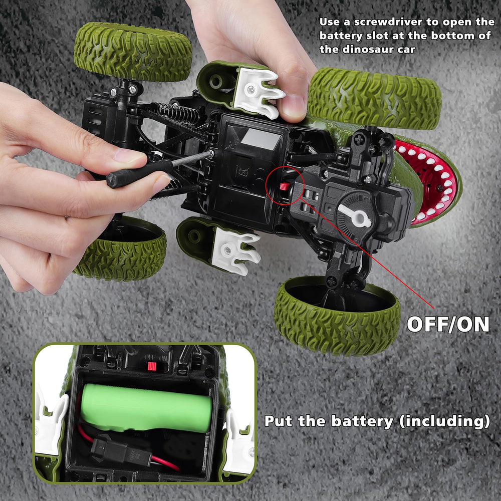 YEZI RC dinosaur car battery compartment accessible for charging