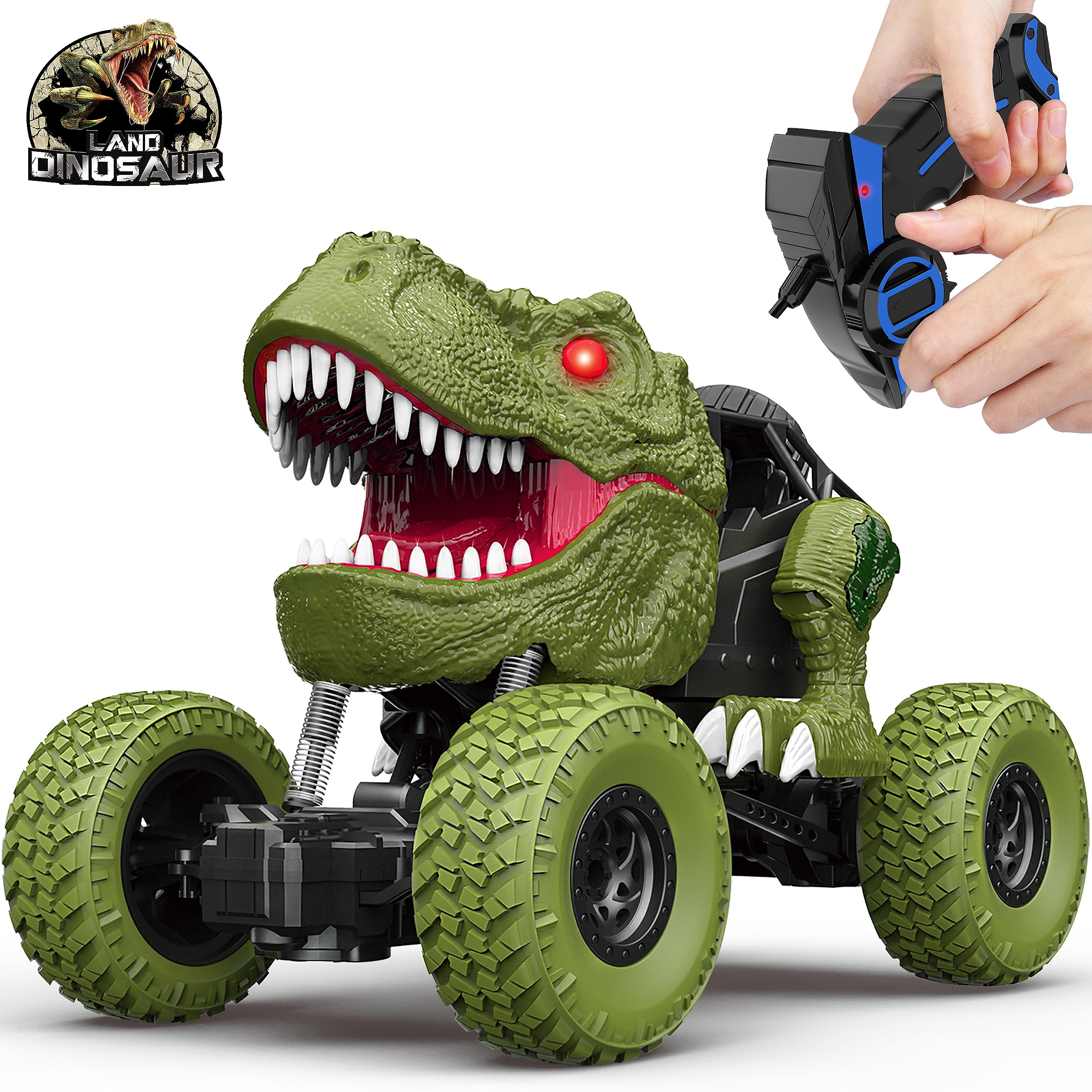 YEZI RC dinosaur car front view with bold design for outdoor play