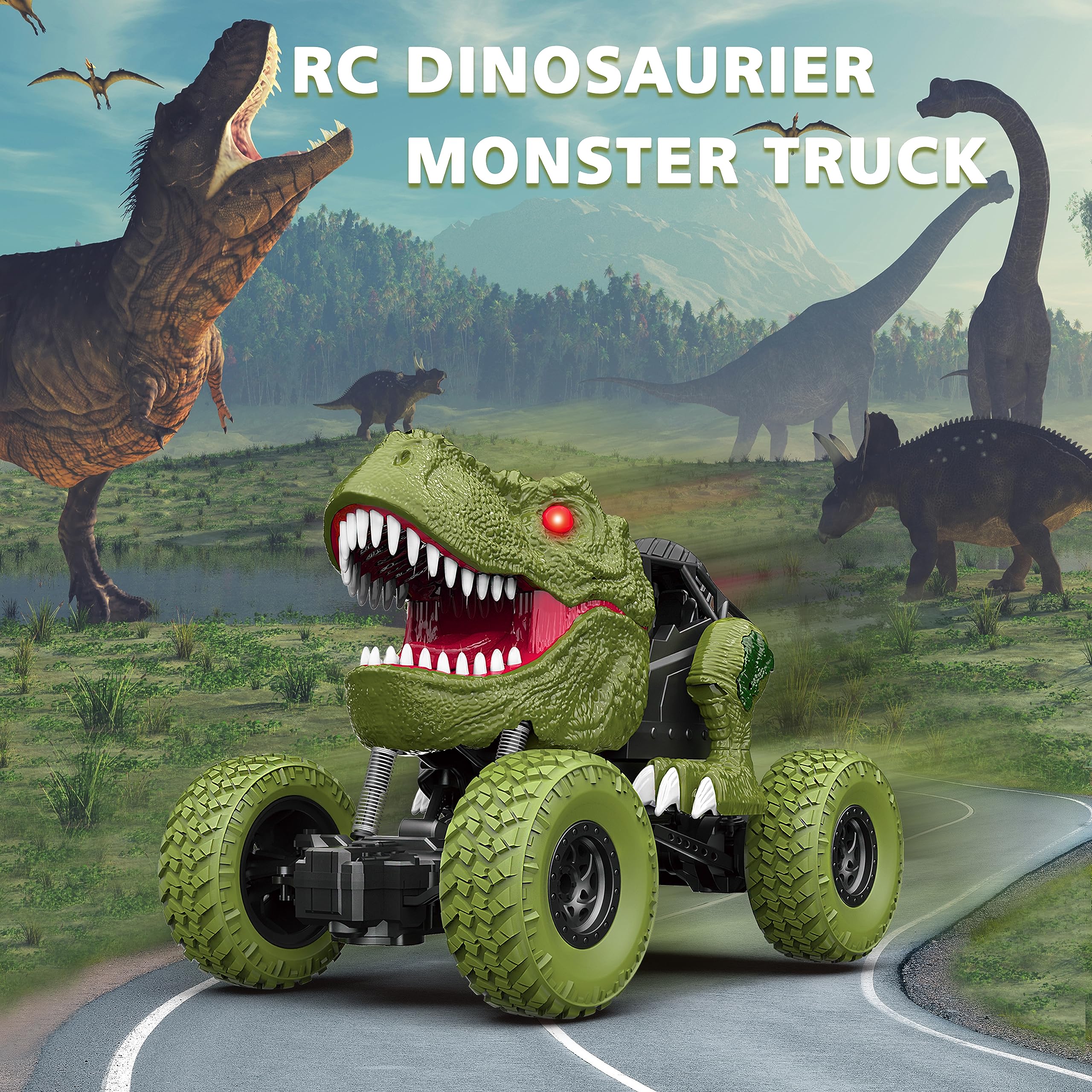 YEZI RC dinosaur car in action at night with glowing LEDs