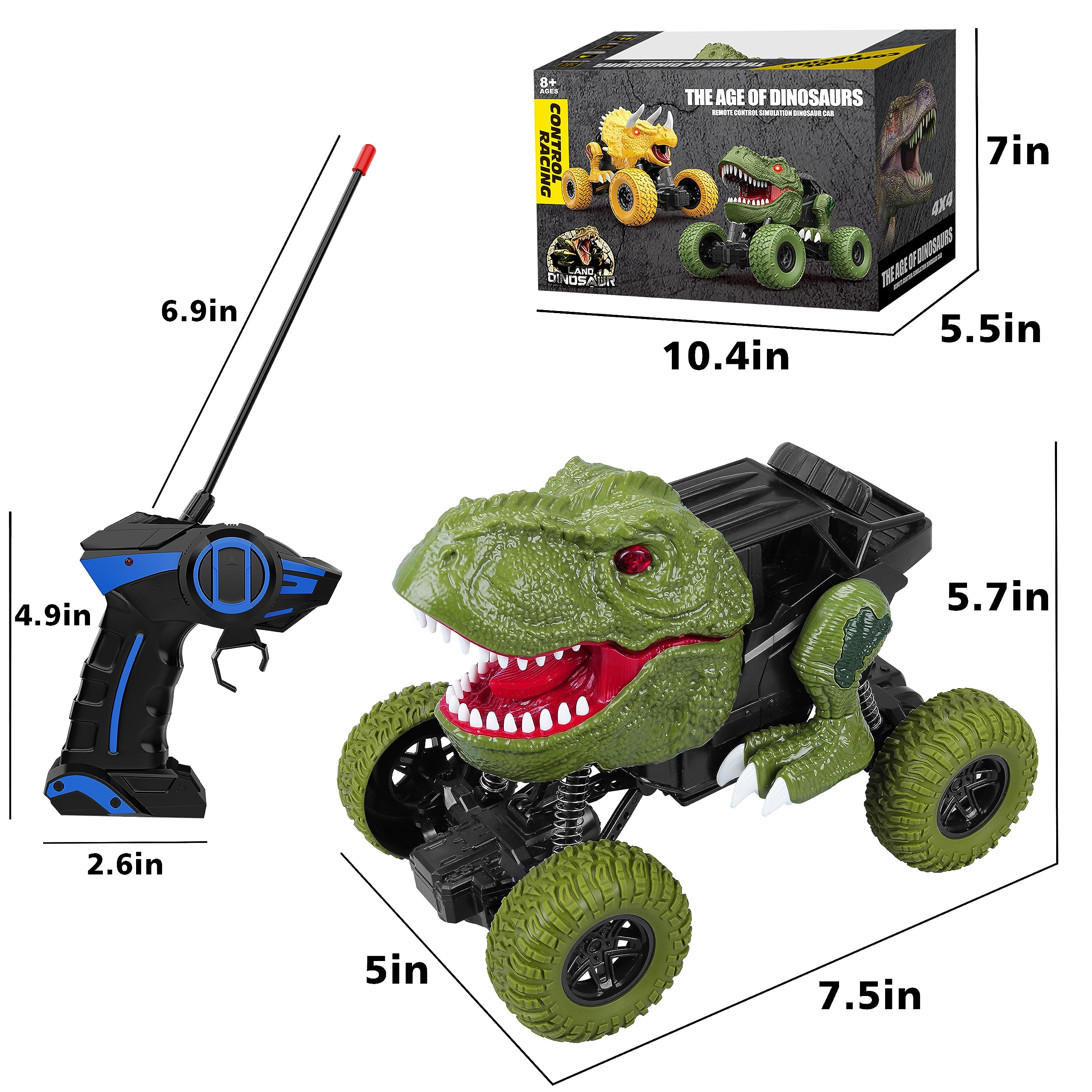 YEZI RC dinosaur car LED headlights on for indoor and outdoor adventures
