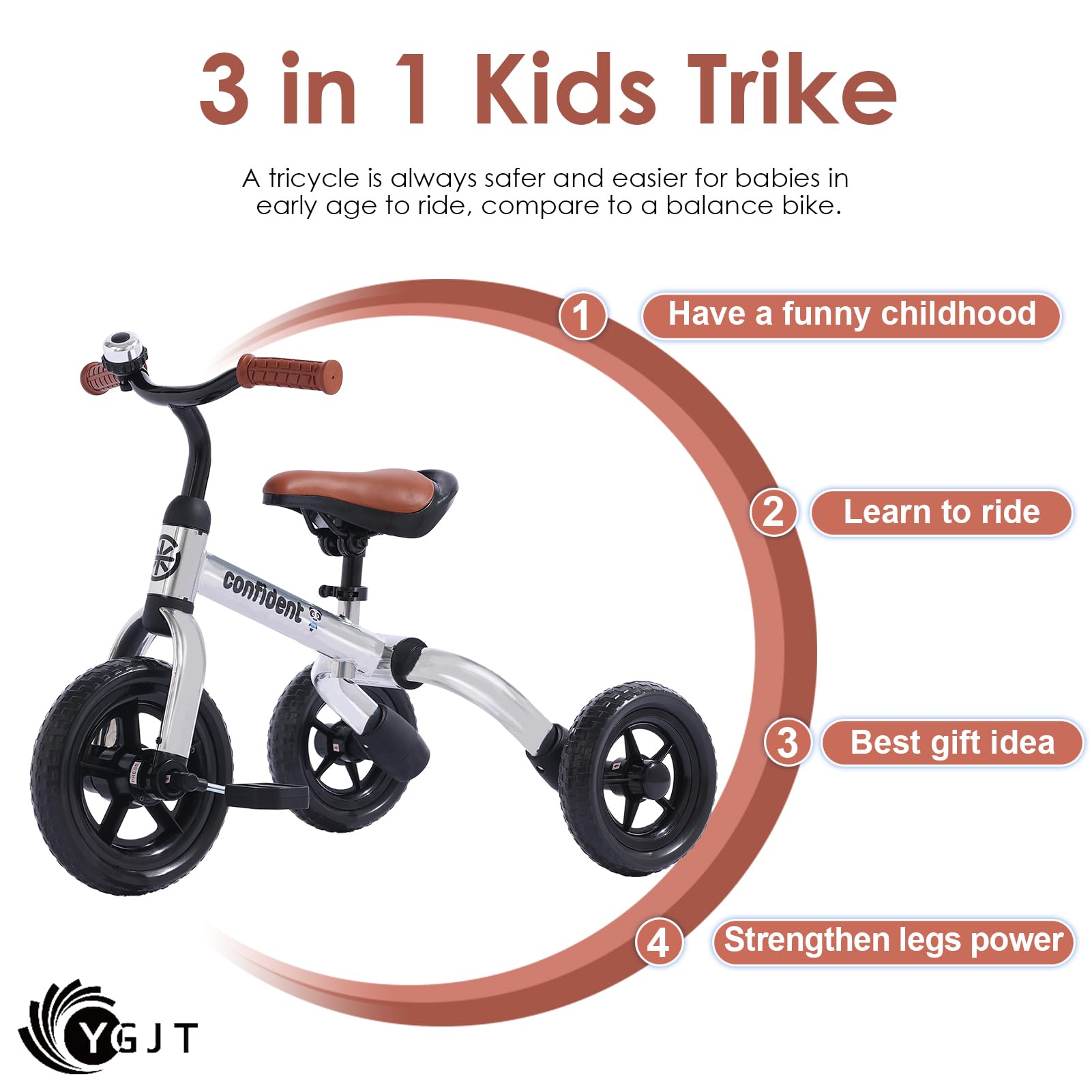 YGJT 3-in-1 tricycle detachable pedal supports pedal-free toddler training.