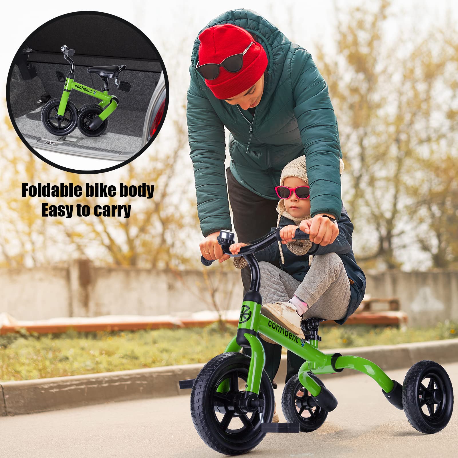 YGJT adjustable-seat tricycle green adapts as child grows