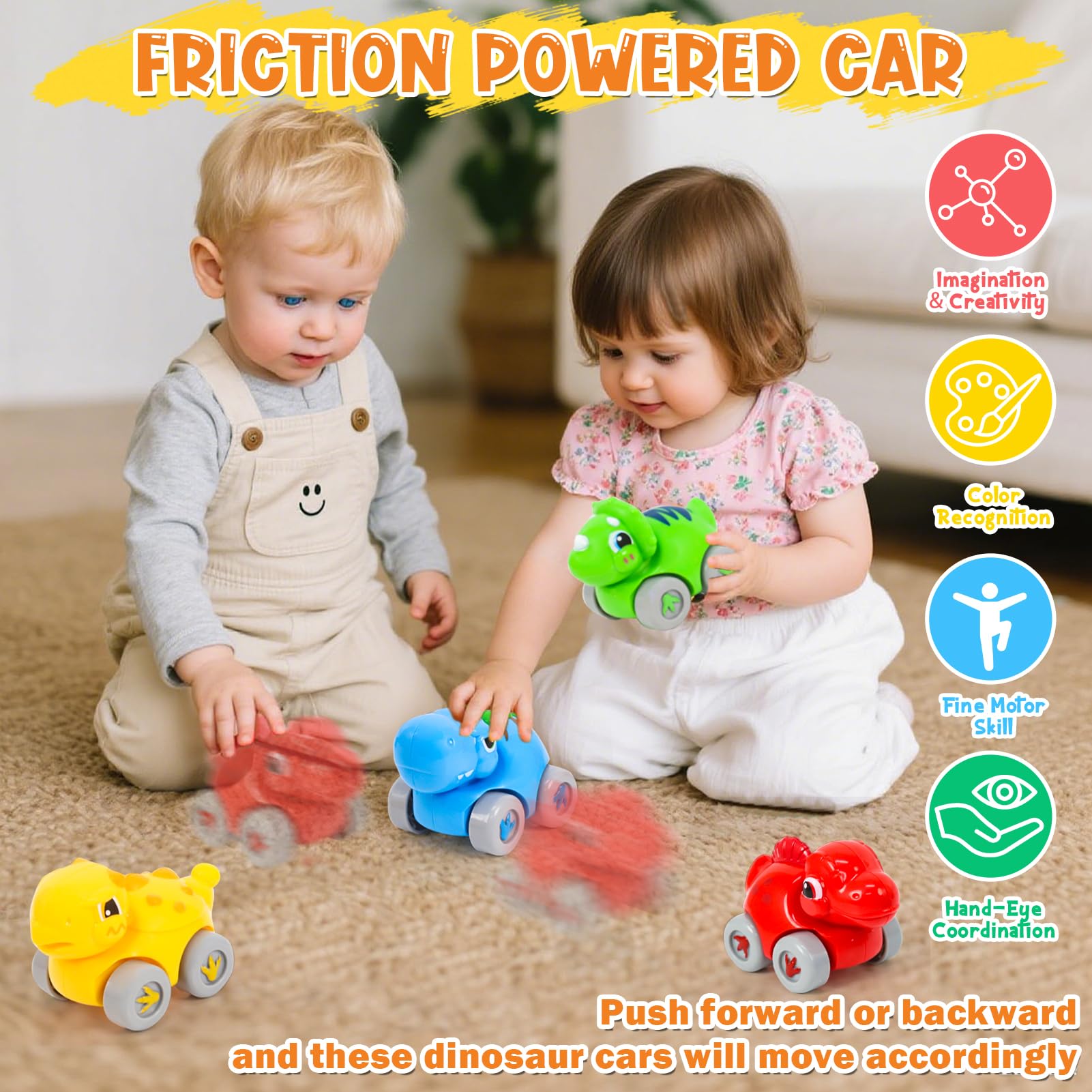 YGJT friction-powered dinosaur cars provide battery-free play