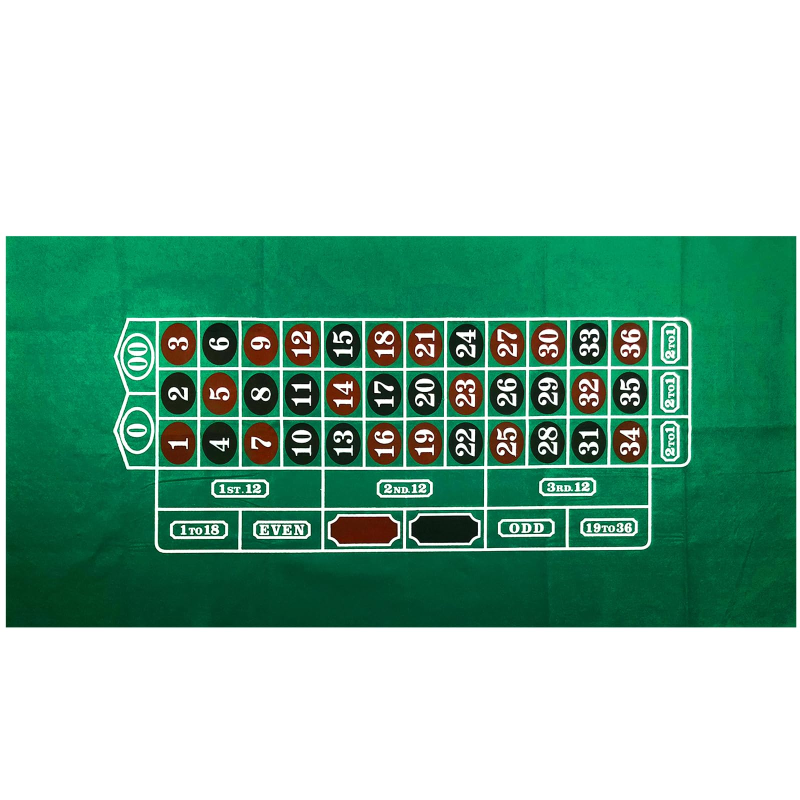 YH Poker roulette layout on green felt, 36x72 inches, ideal for home casino nights.