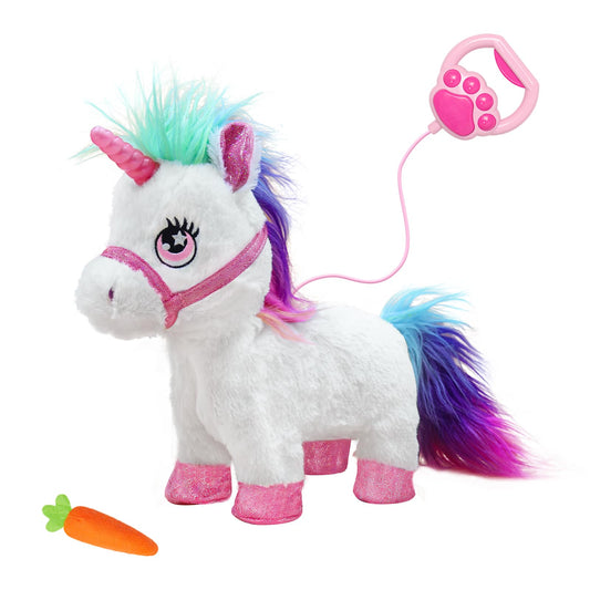 YH YUHUNG unicorn toy walks indoors with leash for interactive play.