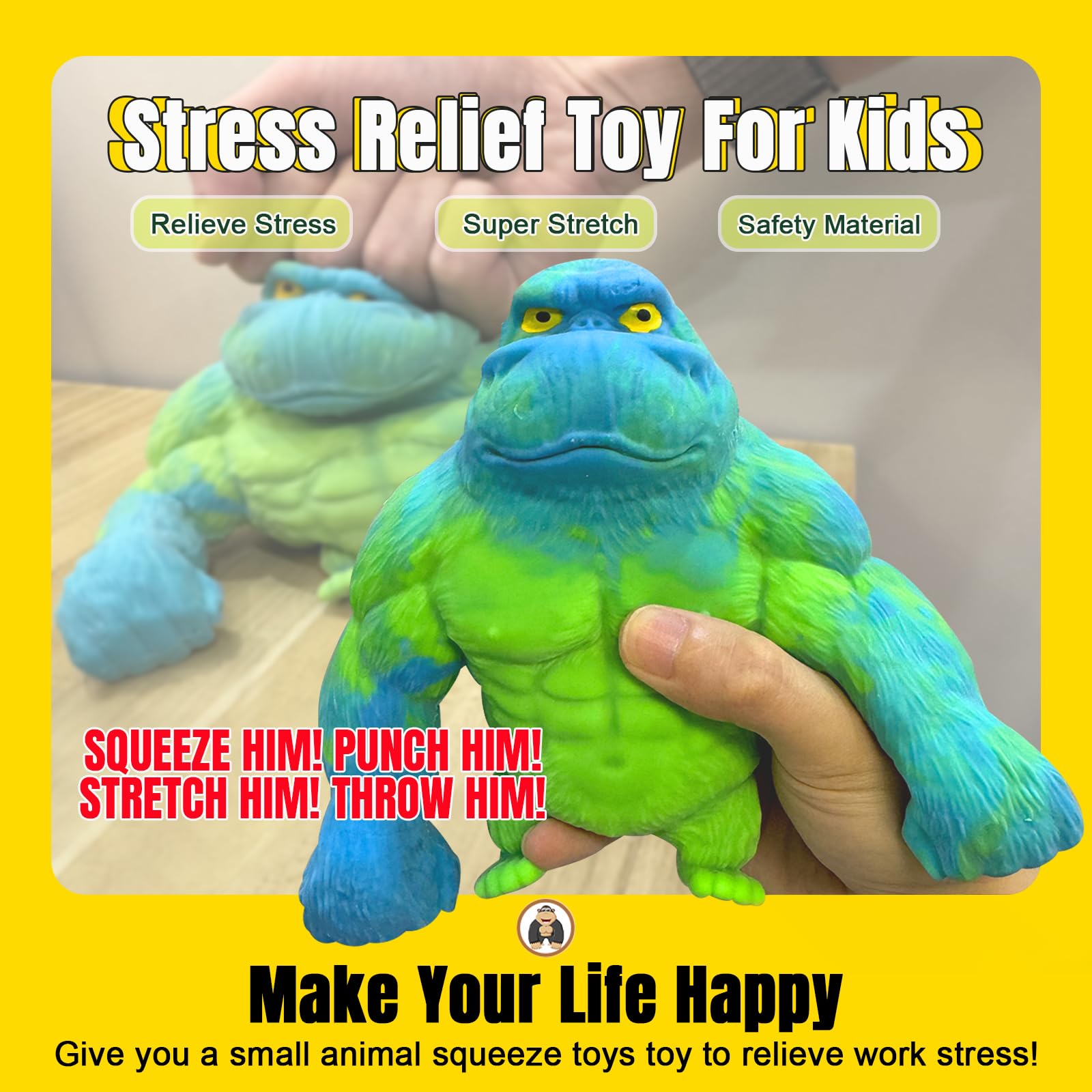 YHan gorilla fidget toy being stretched to show flexible design.