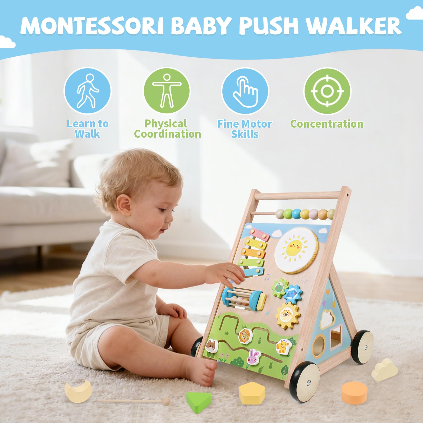 YHHYTOY Montessori-inspired activity center walker with beads and gears for early learning
