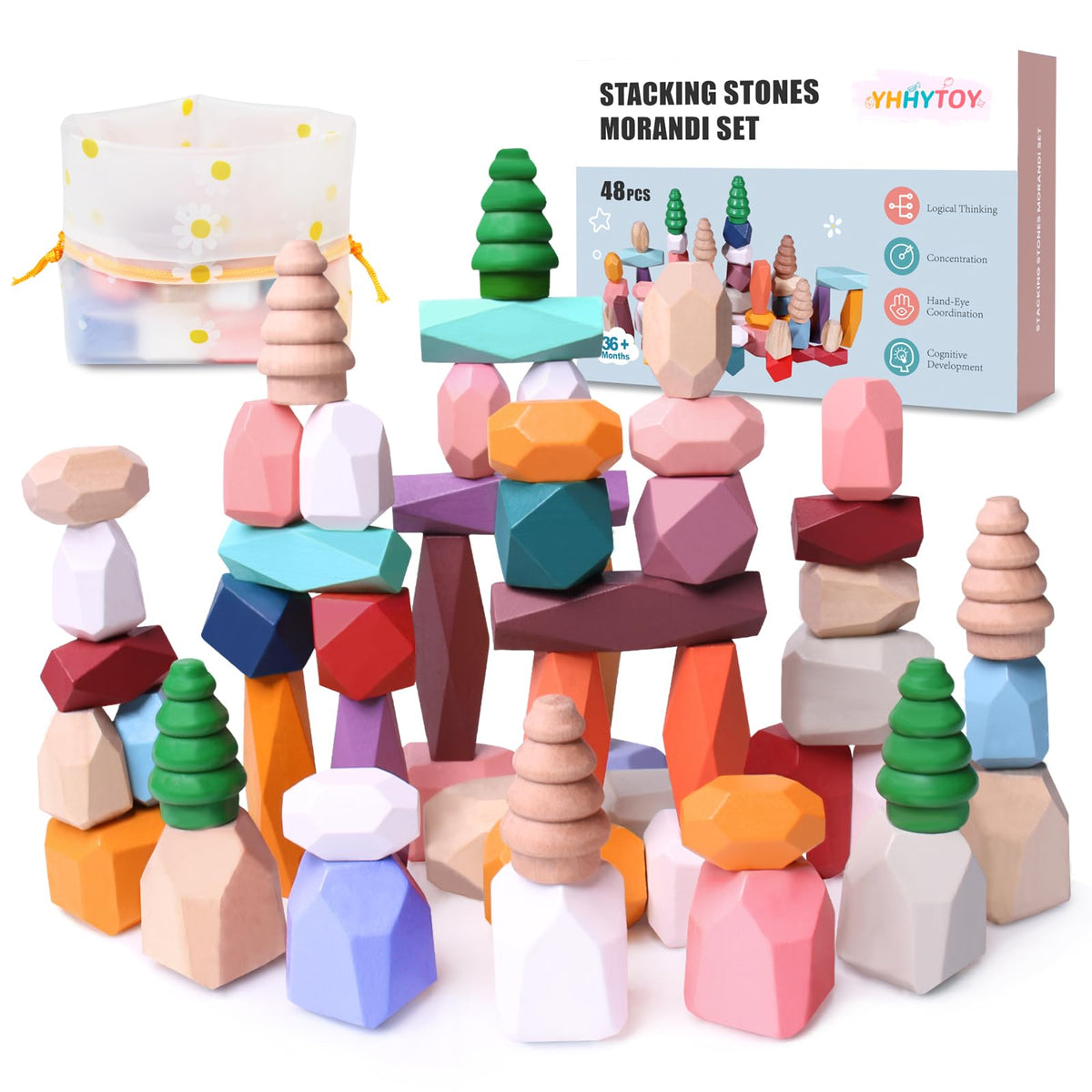 YHHYTOY wooden stacking rocks set for creative building and fine motor skills.