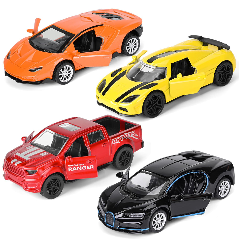 YHXKJ 4-pack diecast cars with opening doors for interactive play and premium finish.