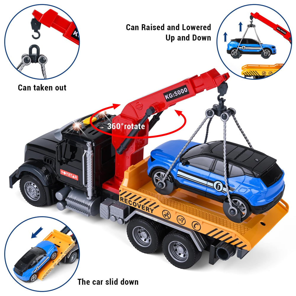 YHXKJ tow truck toy features operable crane for rescue scenes.