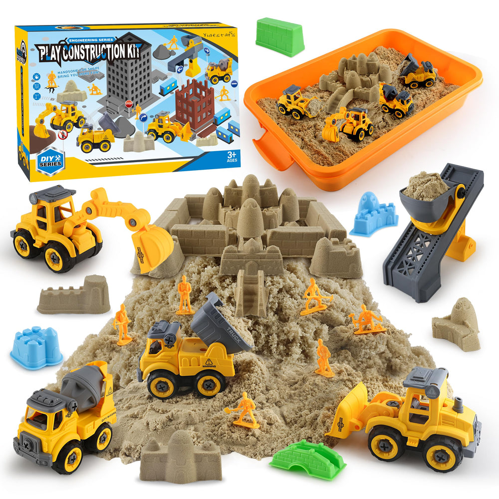 YIDESTARS construction sandbox with four vehicles promotes hands-on construction play.