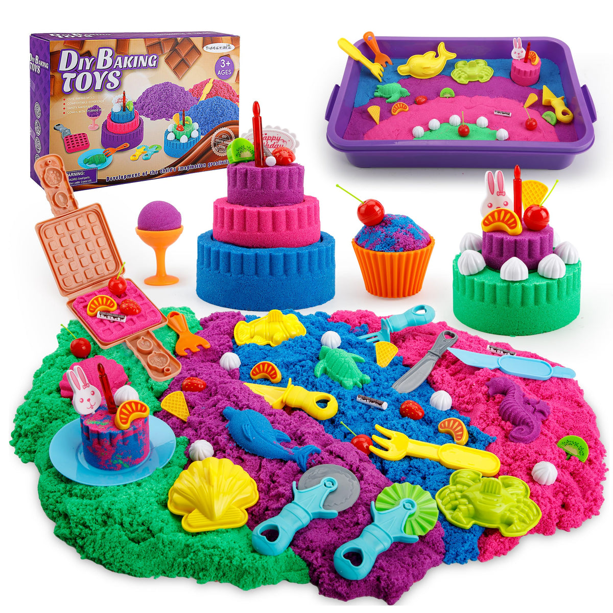 YIDESTARS sensory play kit colorful sand in pink, green, blue boosts imaginative play.