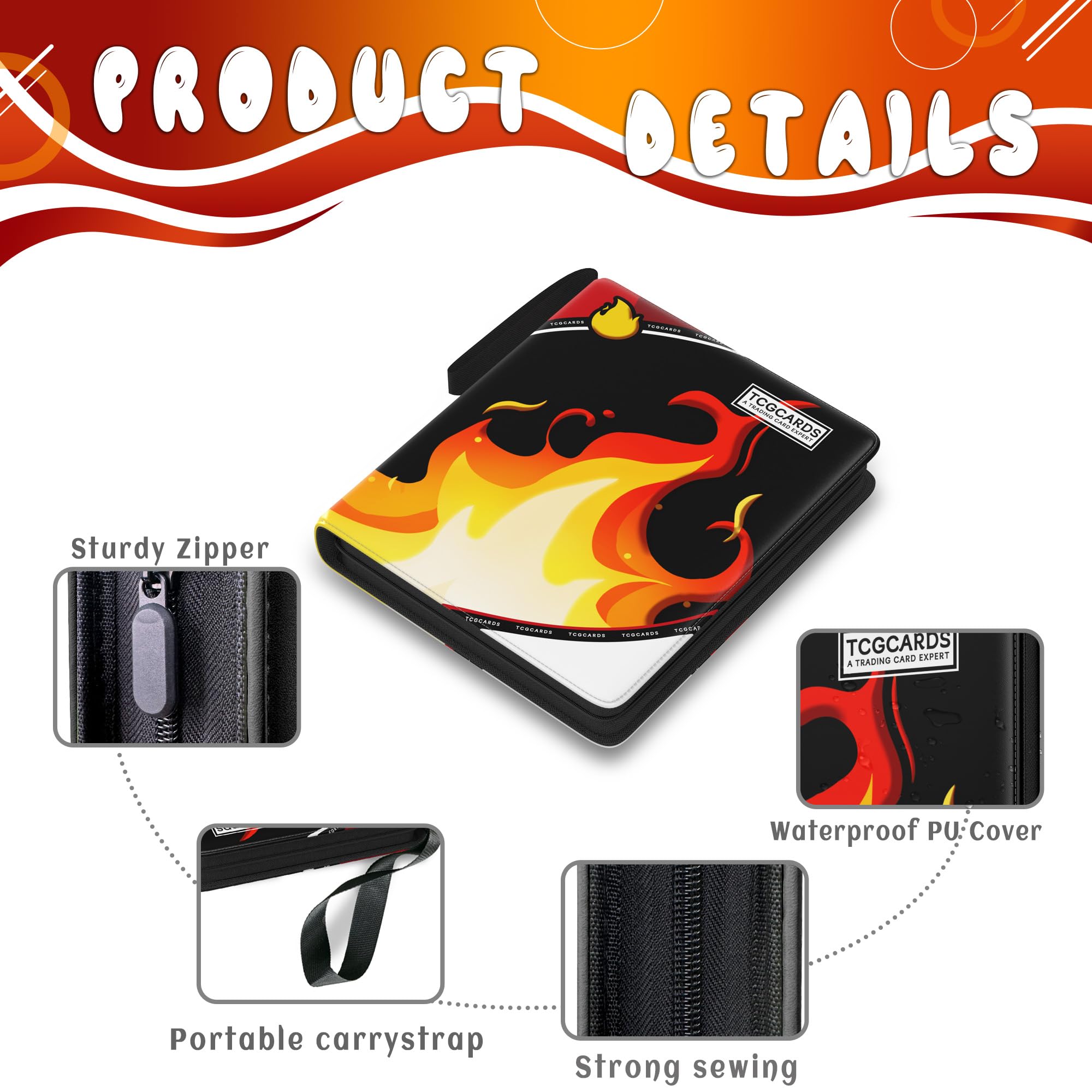 Yifan trading card binder zipper detail emphasizes secure travel storage and dust protection.