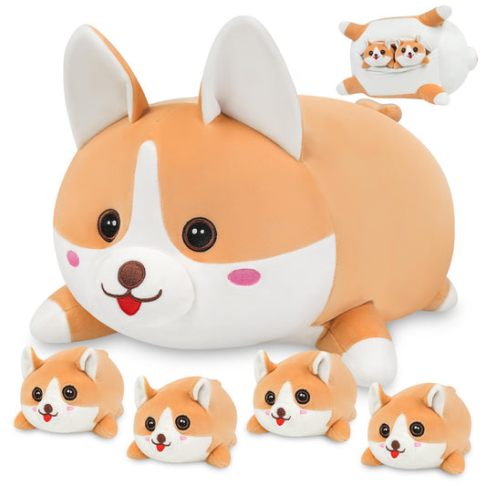 YIIQUWEN Corgi Plush Family Set front view, ideal cuddle companion for kids
