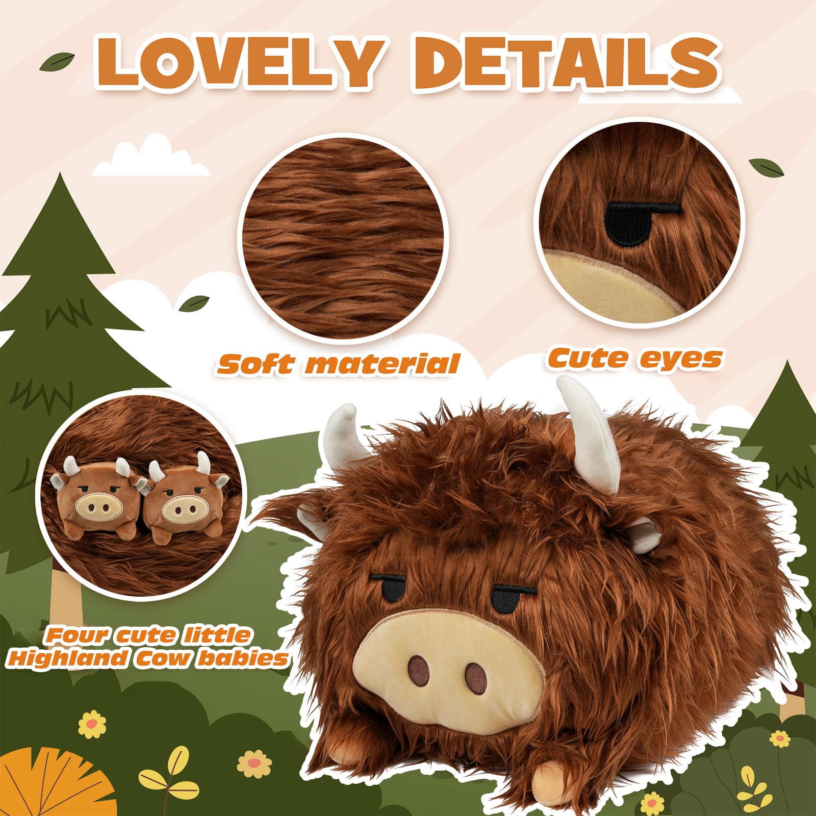 YIIQUWEN Highland Cow plush soft-material highlights gentle, cuddly comfort for bedtime