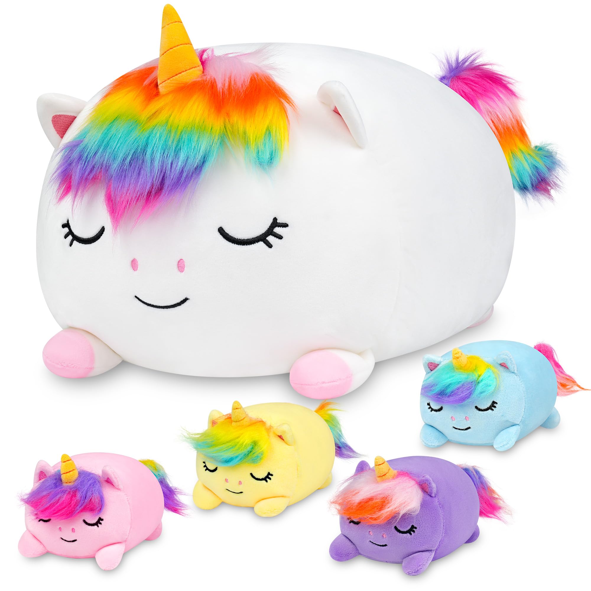 YIIQUWEN unicorn plush set opened to reveal four baby unicorns for cuddling.