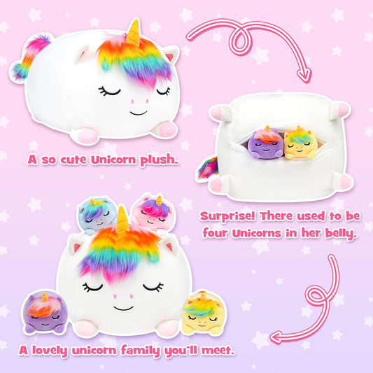 YIIQUWEN unicorn plush close-up shows soft fabric and rainbow mane.