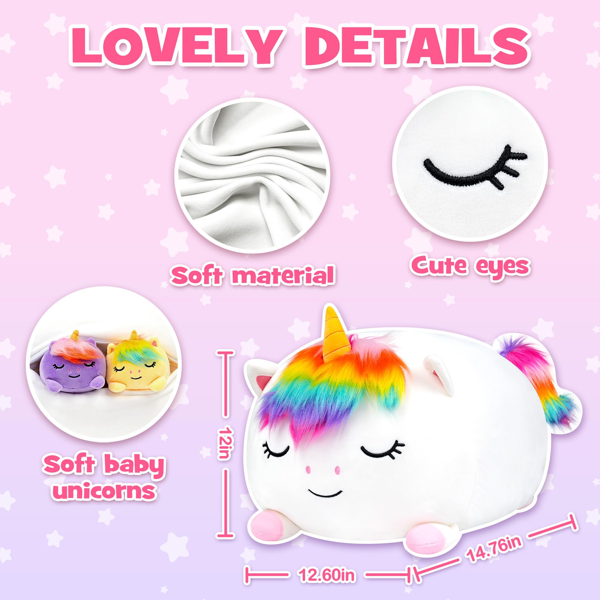 YIIQUWEN unicorn plush used as a soft reading pillow in a cozy corner.