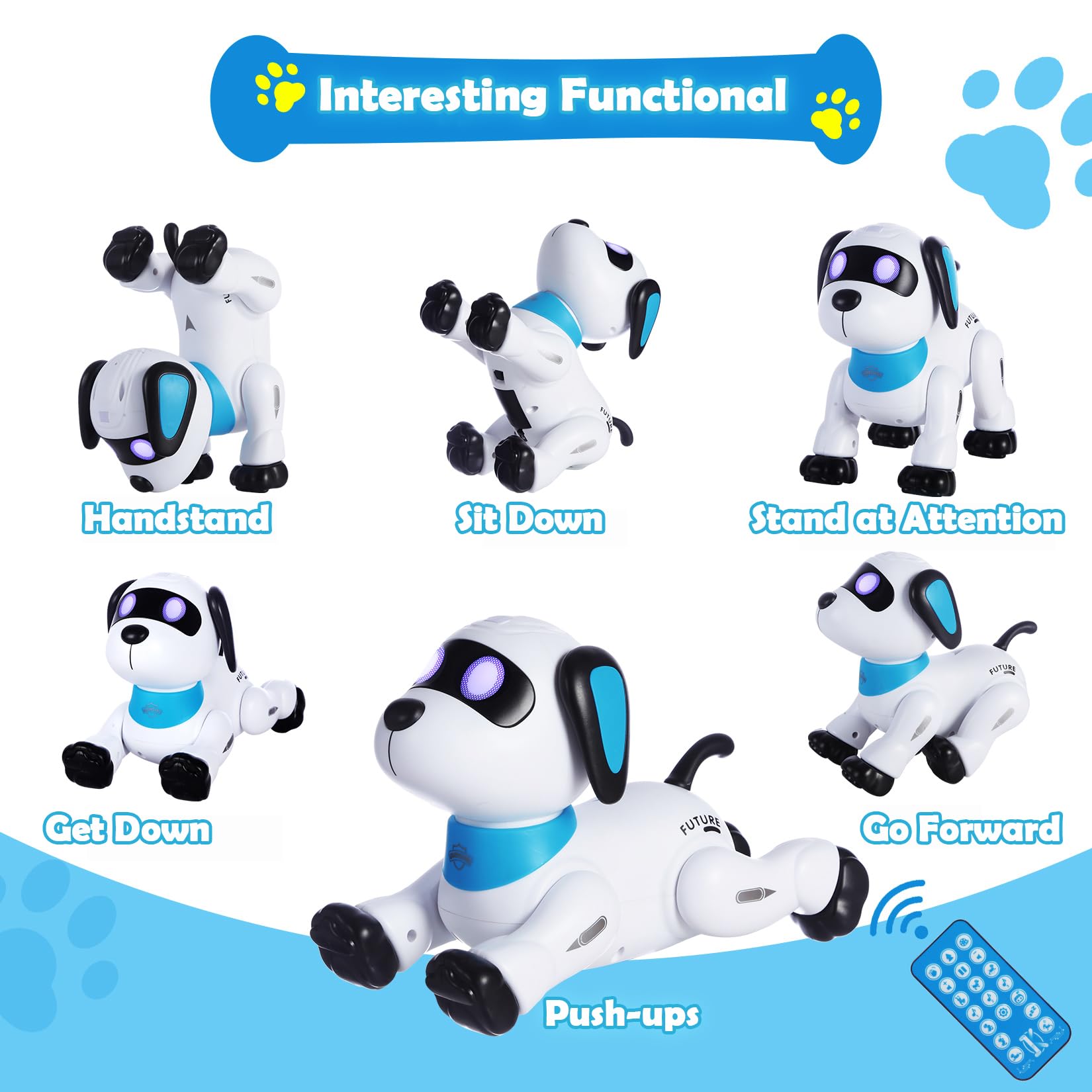 Yiman robot dog blue LED eyes shine during interactive sessions and dancing