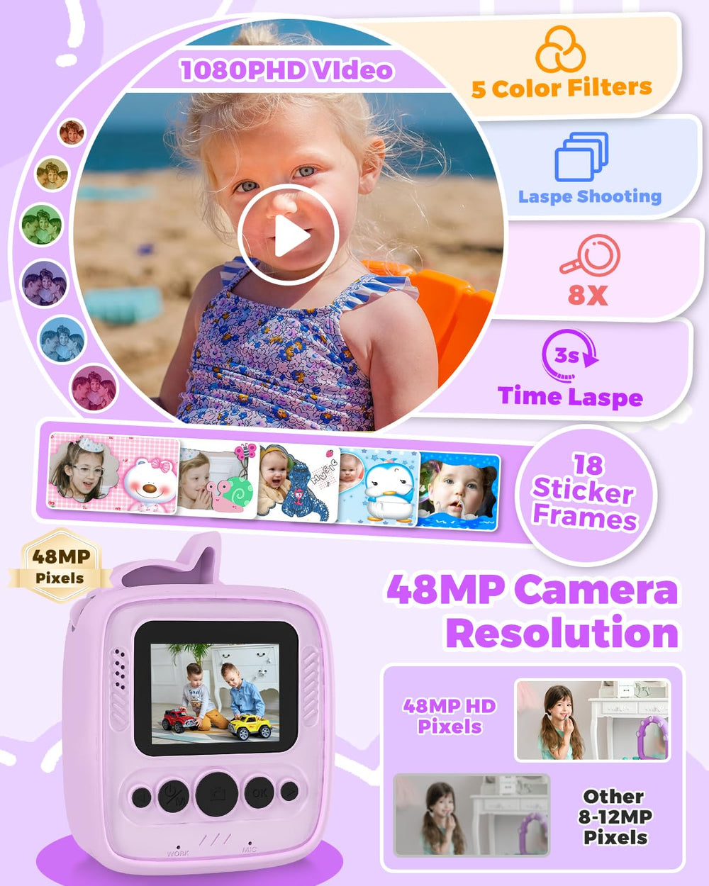 YINGOOT 48MP and 1080P display captures sharp photos and videos for kids.