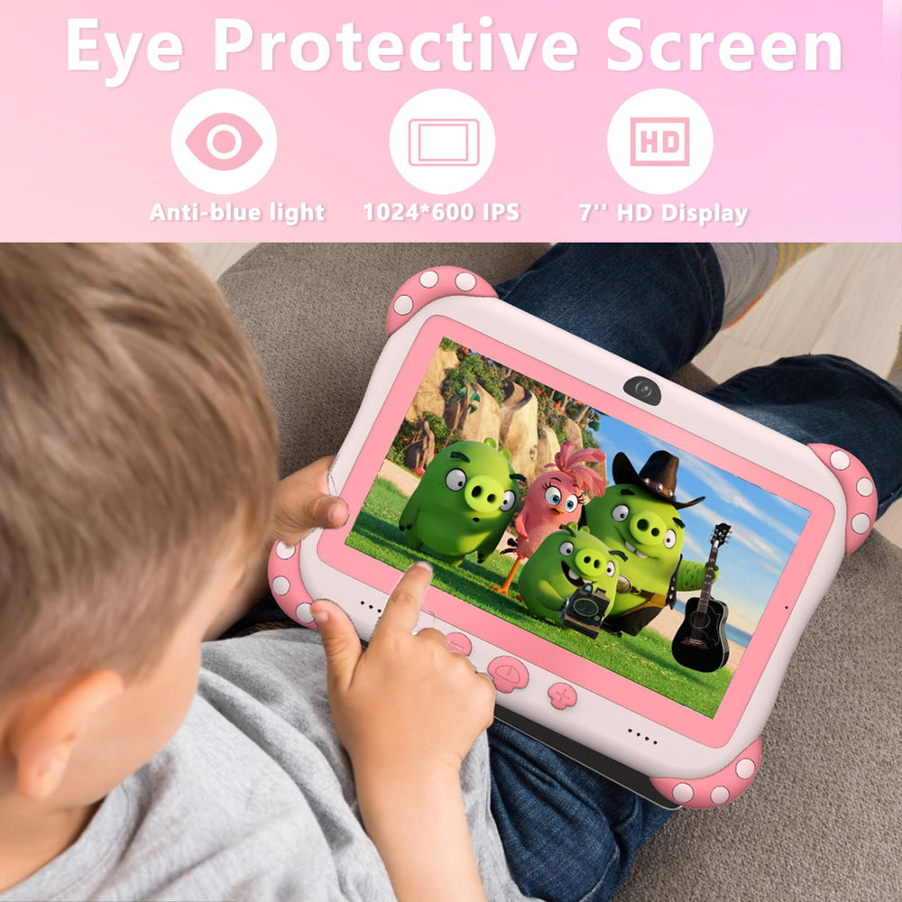 YINOCHE pink 7-inch tablet with dual cameras capturing memories