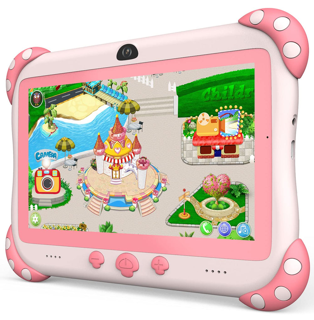YINOCHE Kids Tablet 7-inch pink front view, safe learning design for curious kids