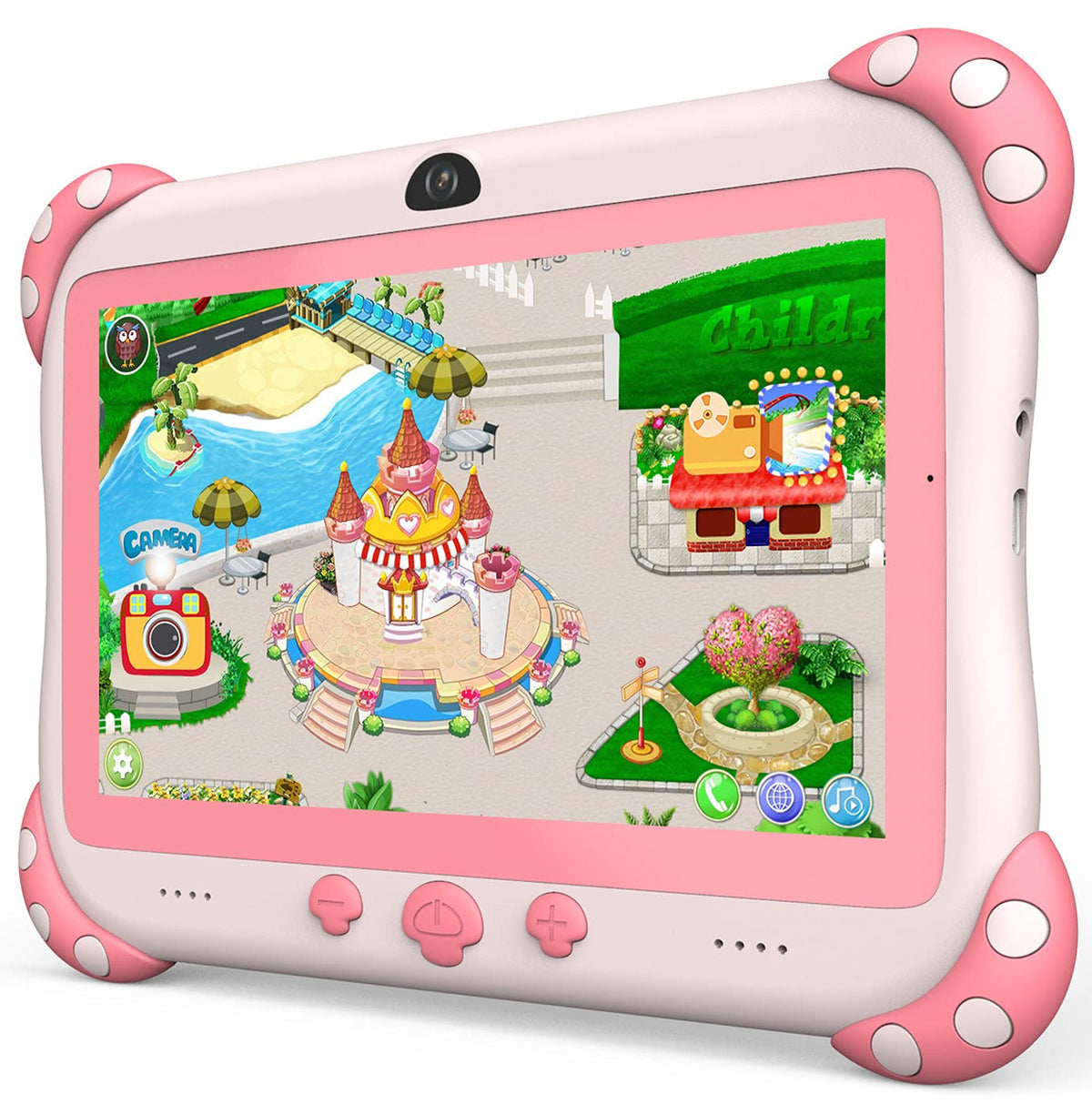 YINOCHE Kids Tablet 7-inch pink front view, safe learning design for curious kids
