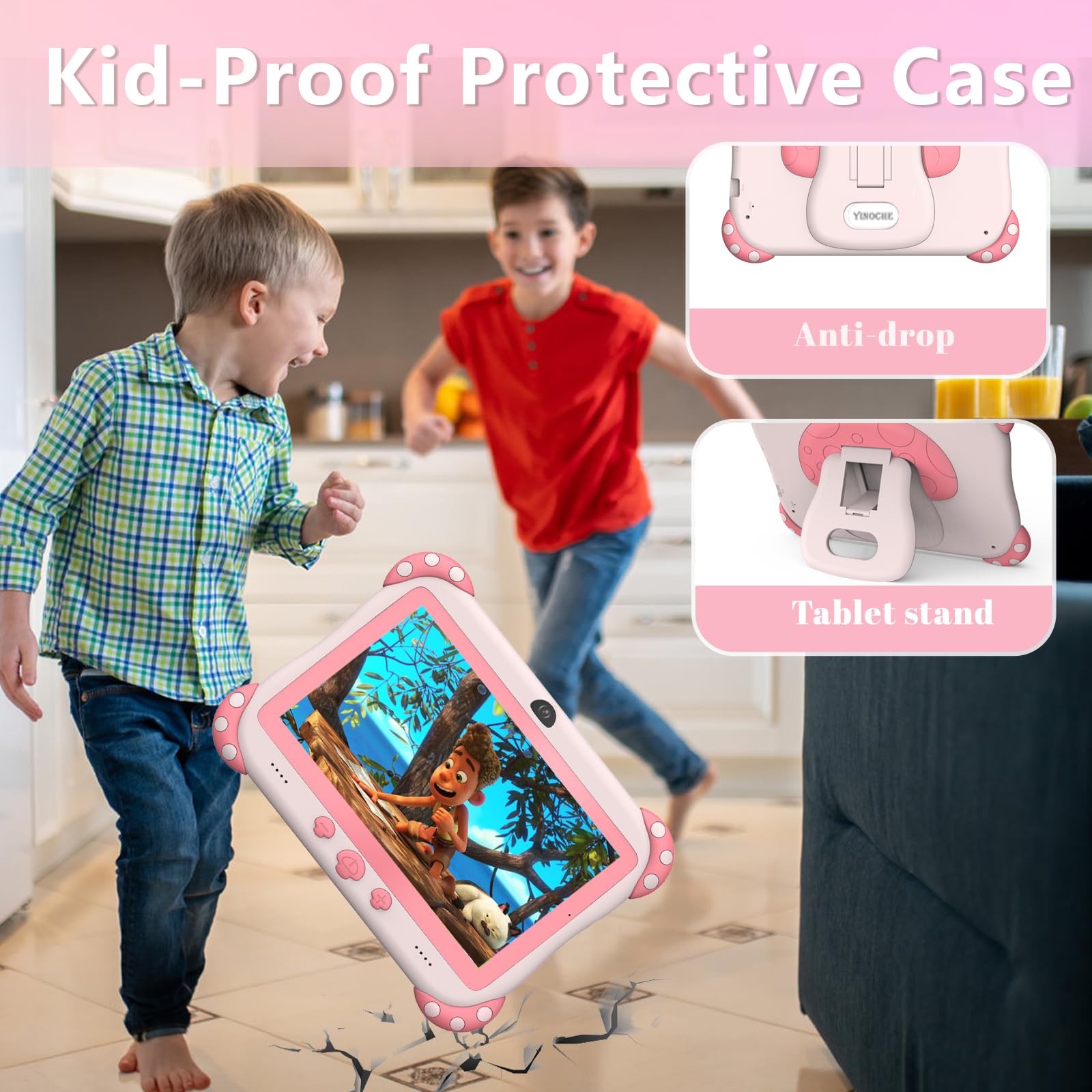 YINOCHE pink tablet with pre-installed IWAWA apps for safe learning
