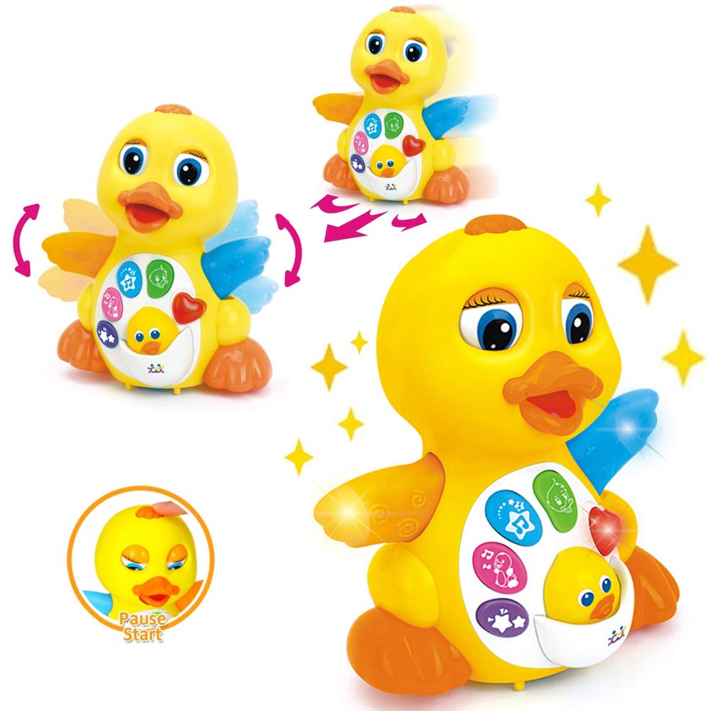 Yiosion yellow duck in action inspires engagement as babies chase and explore cause-and-effect.