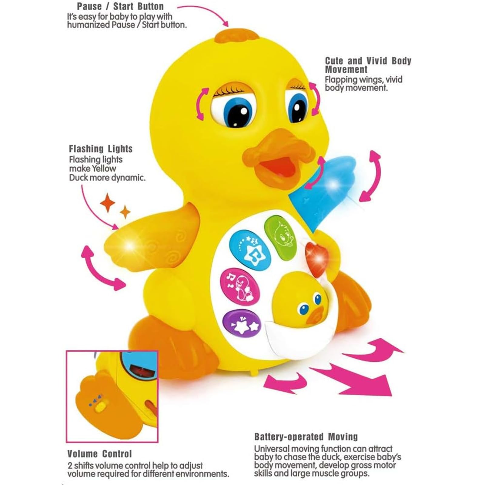 Yiosion duck's buttons highlight playful learning and fine motor practice during playtime.