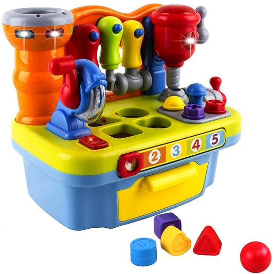 Yiosion musical learning workbench with tools and shape sorter promotes early learning skills.