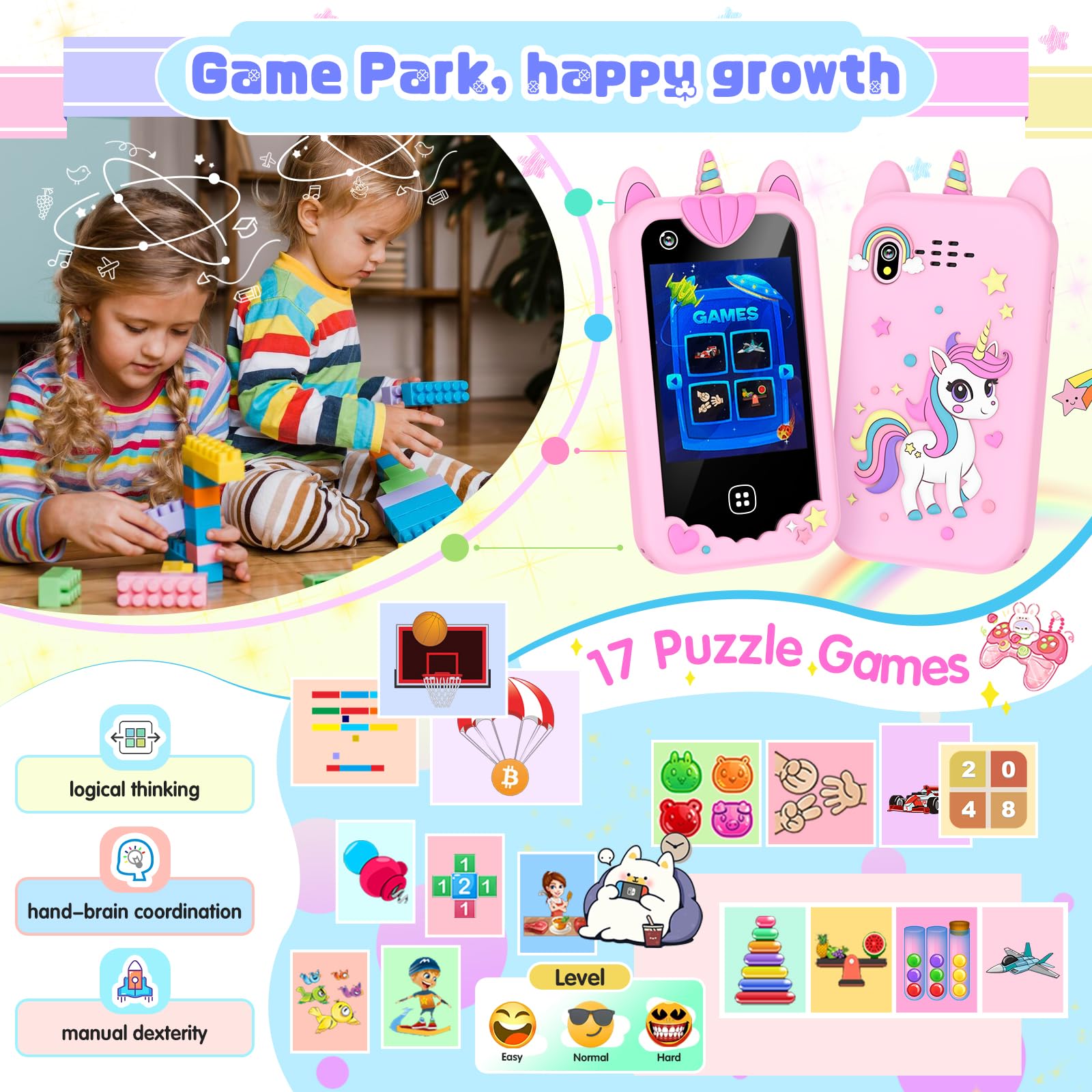 Yiphun kids smart phone pink dual camera for capturing fun moments