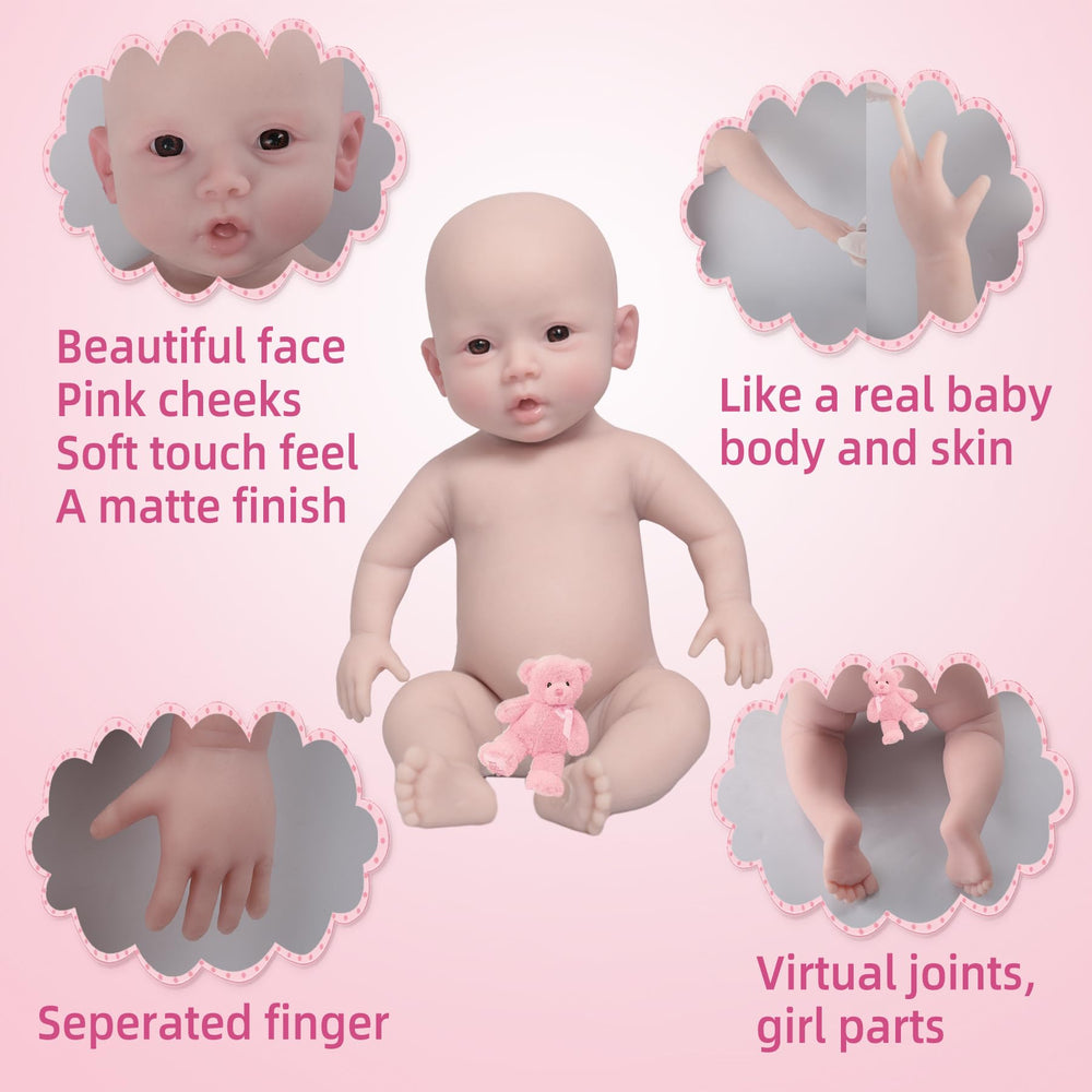 YIQI 18.5-inch silicone newborn doll body in tan with weighted feel for posing.