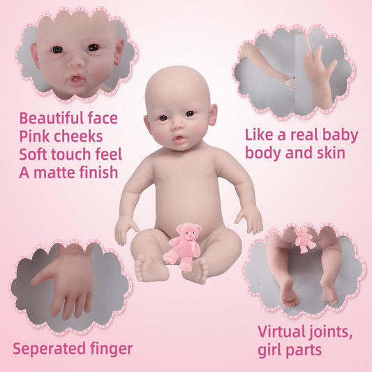 YIQI 18.5-inch silicone newborn doll body in tan with weighted feel for posing.