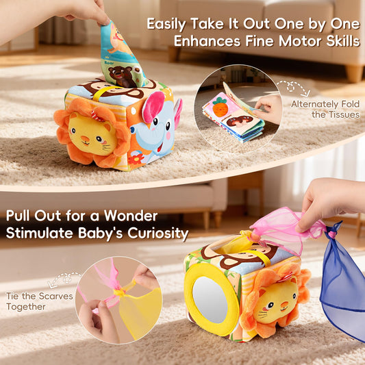Yisryerow tissue box toy includes a safe mirror to boost self-awareness during play