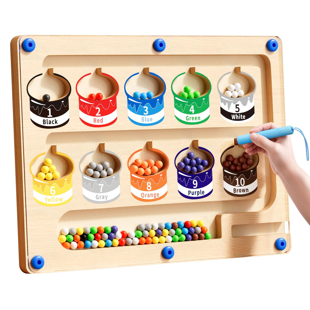 Yisryerow magnetic color and number maze beads on tracks improve color and number recognition.