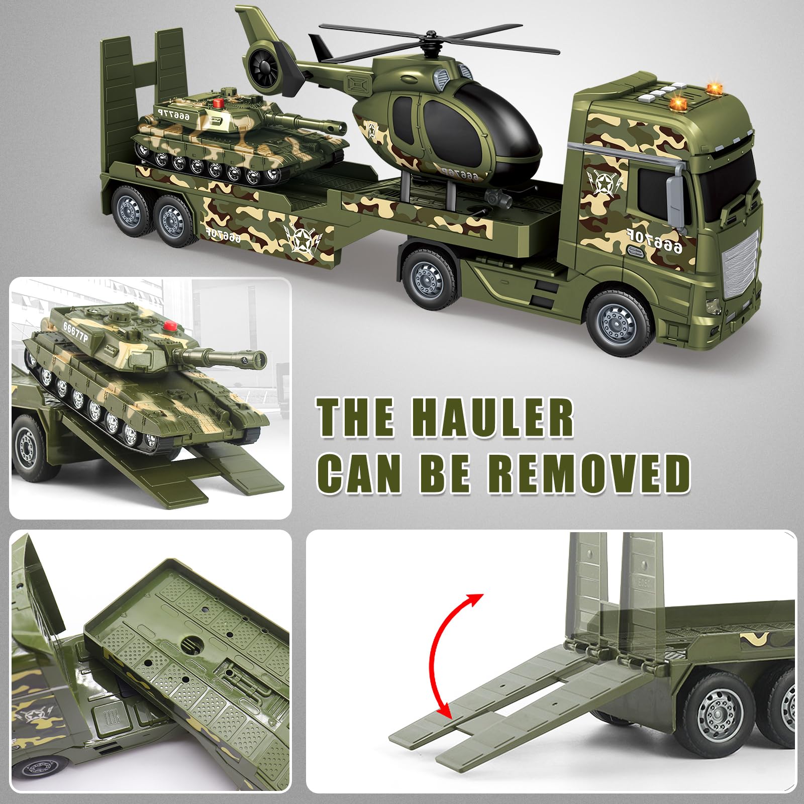 Yiwsnust green military truck toy side view showing 3-in-1 play value