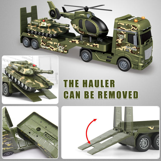 Yiwsnust green military truck toy side view showing 3-in-1 play value