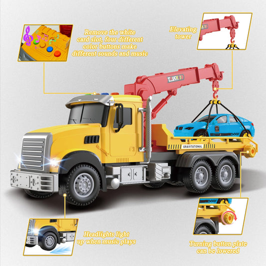 Yiwsnust RC tow truck side view highlighting durable ABS construction.