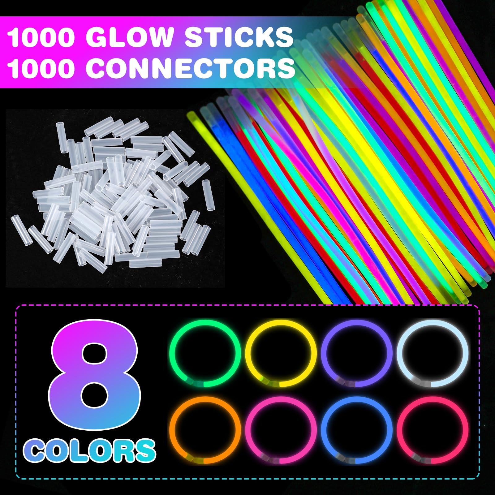 YixangDD glow sticks in eight colors provide festive mood lighting.